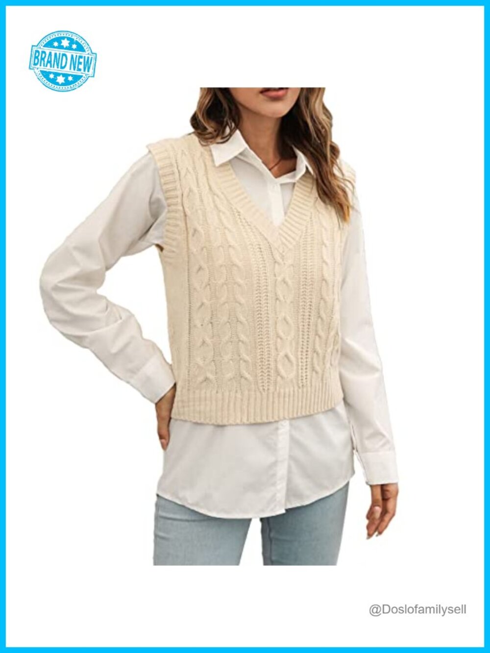 Women's Cable Knit Sweater Vest V Neck Sleeveless Striped Pullover